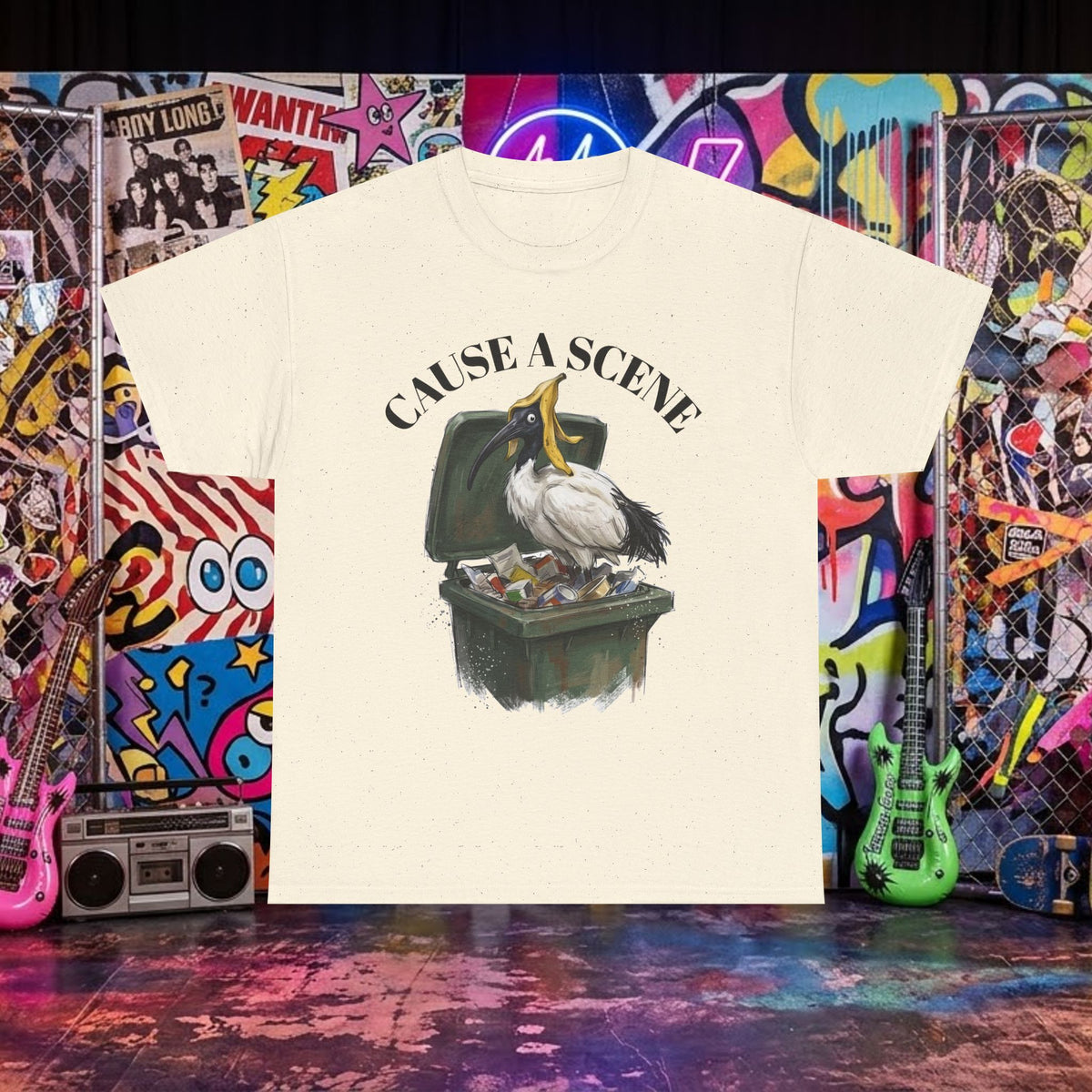 Off-white T-shirt with ibis in a trash can graphic and "CAUSE A SCENE" text