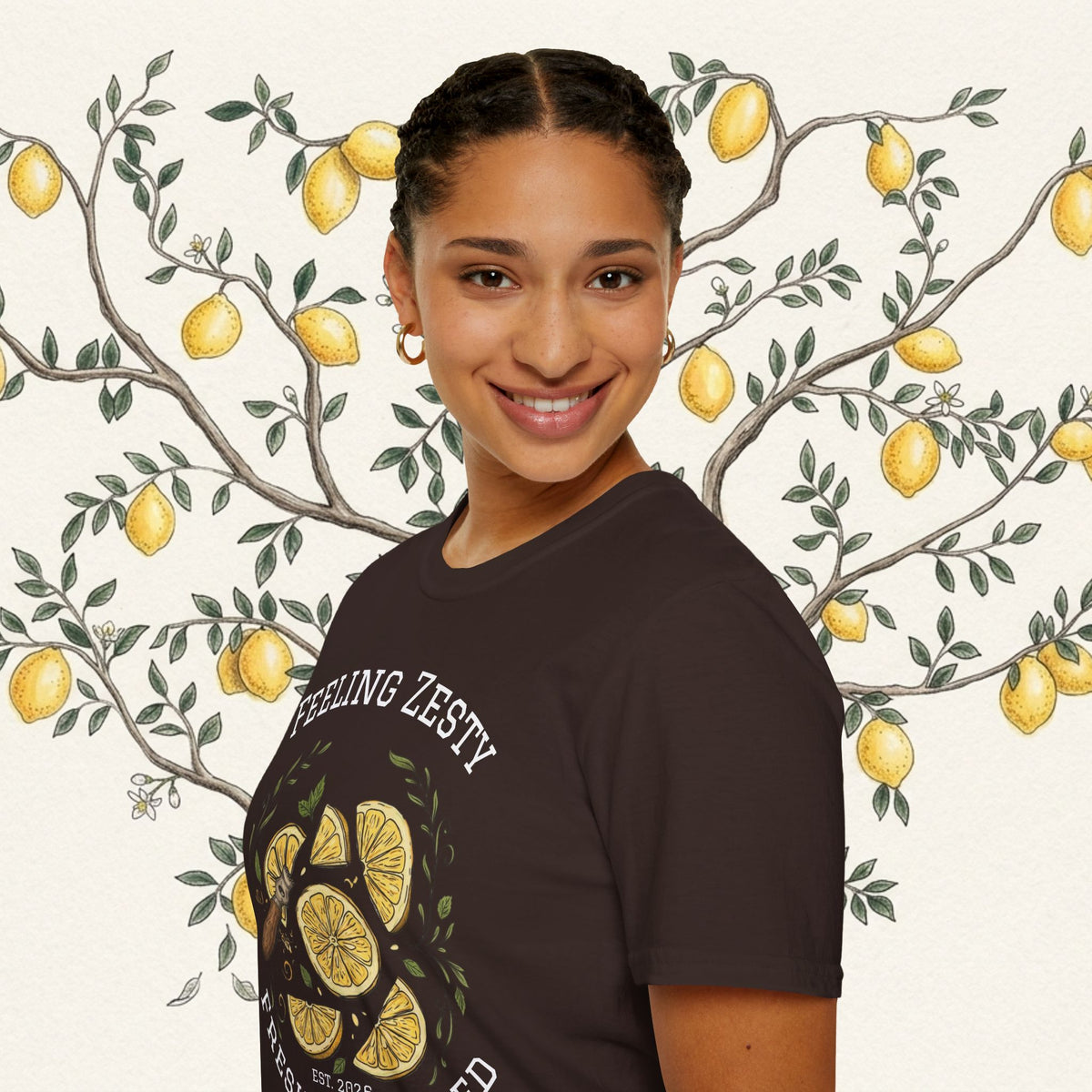 Dark brown graphic tee with lemon slice design and 'Fresh Squeezed' text, side view.