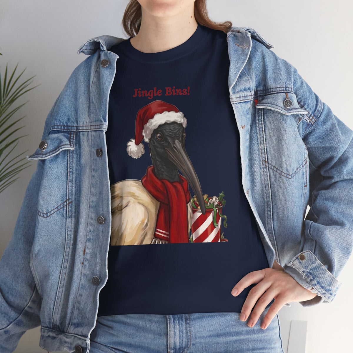 Navy graphic T-shirt with ibis in Santa hat and “Jingle Bins!” front print.