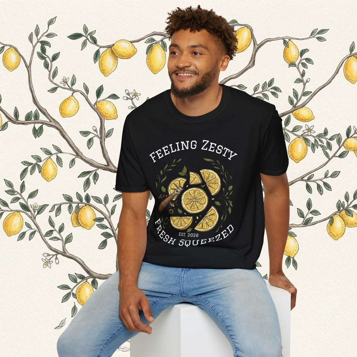 Black citrus graphic tee with lemon slice artwork and crew neck, short sleeves