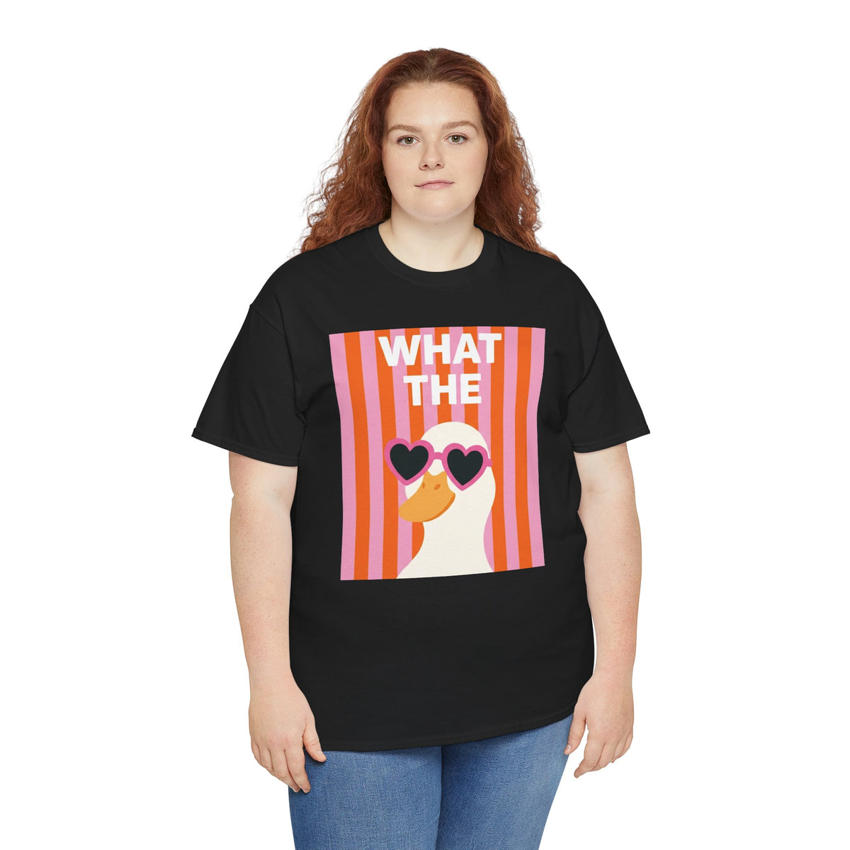 Black graphic tee with centered 'WHAT THE' heart sunglasses striped face front print