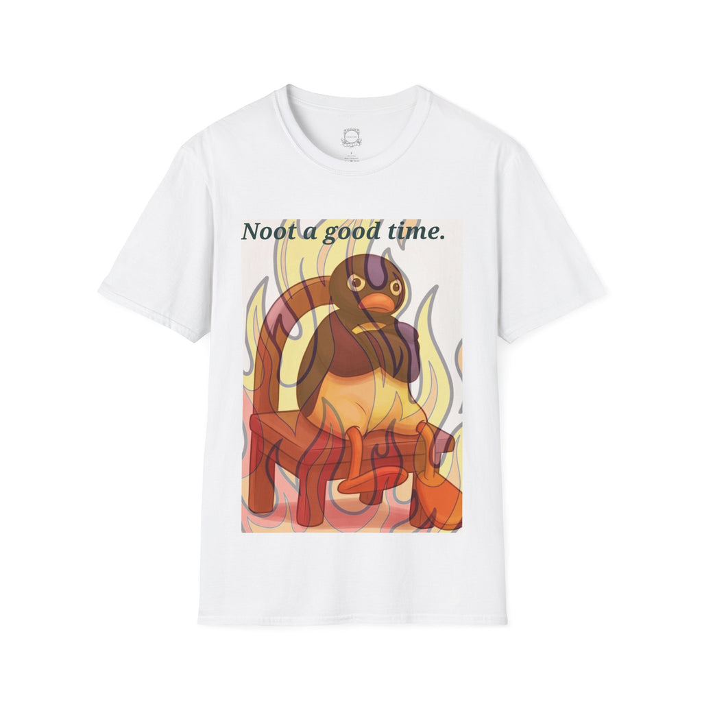 White crew-neck T-shirt with cartoon cat and flames graphic on front
