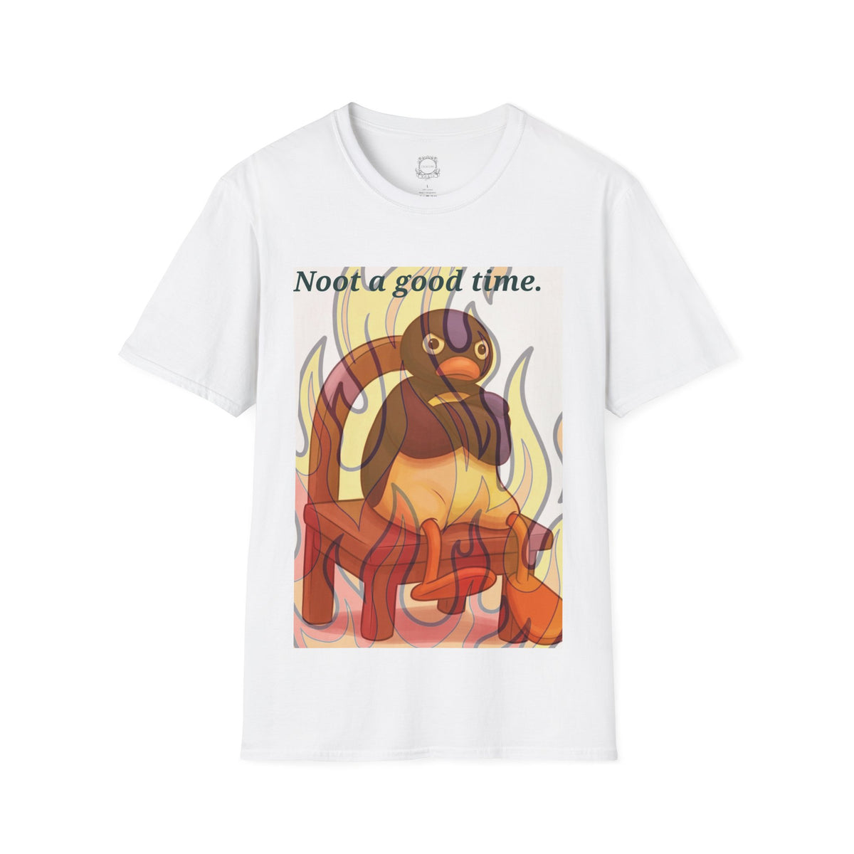 White crew-neck T-shirt with cartoon cat and flames graphic on front