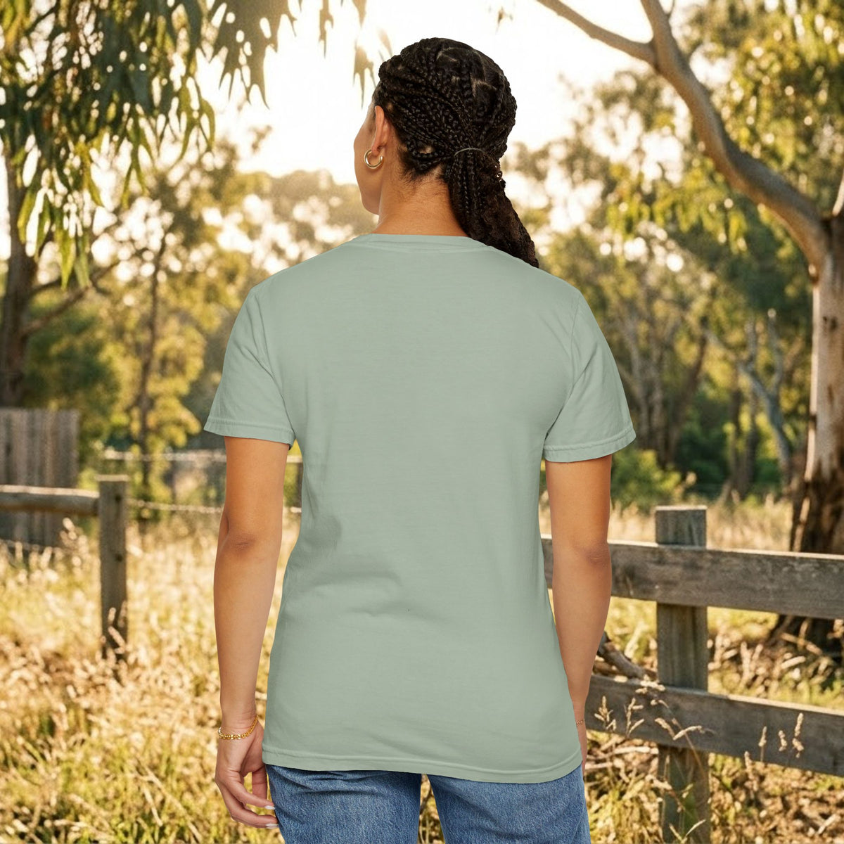 Green crewneck short-sleeve T-shirt, back view