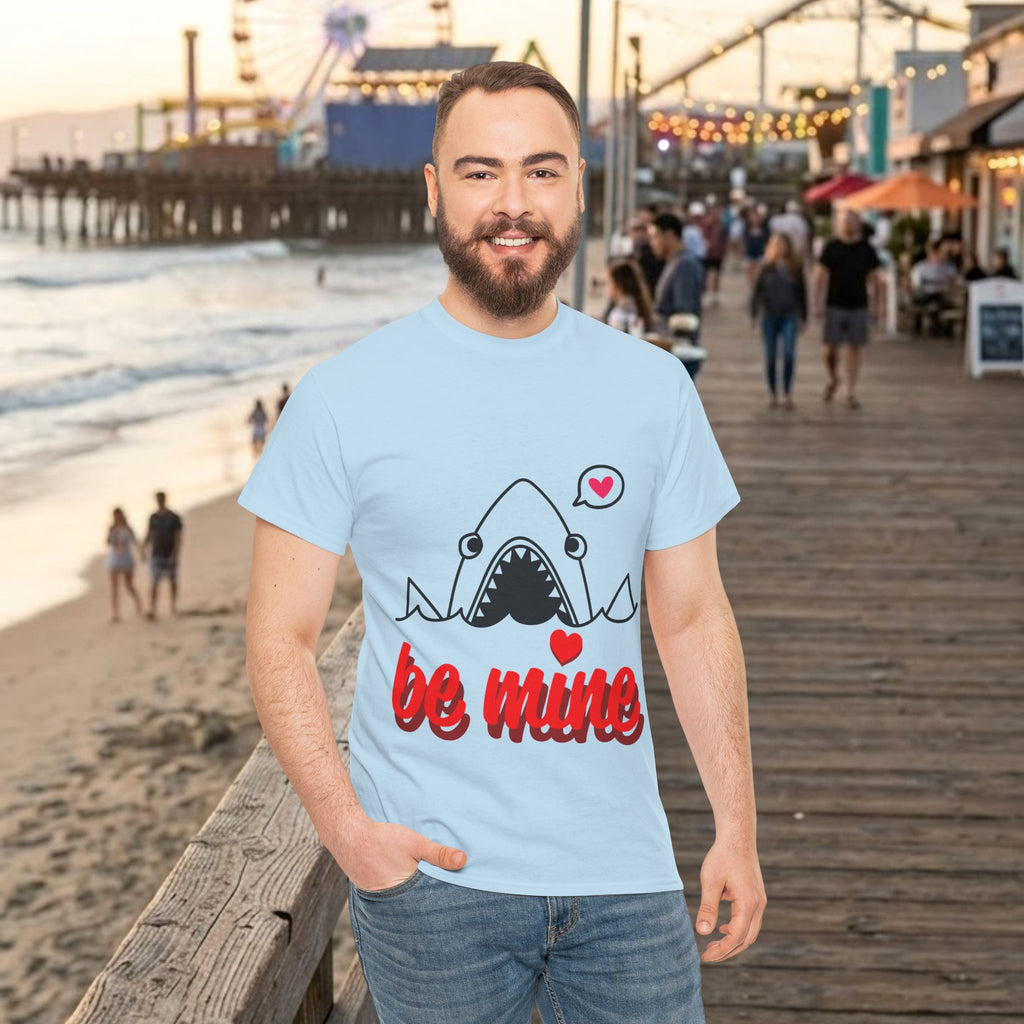 Light blue crewneck T-shirt featuring a cartoon shark and red "be mine"
