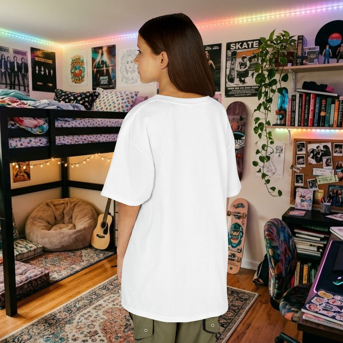 White kids T-shirt shown from the back, crew neck with short sleeves