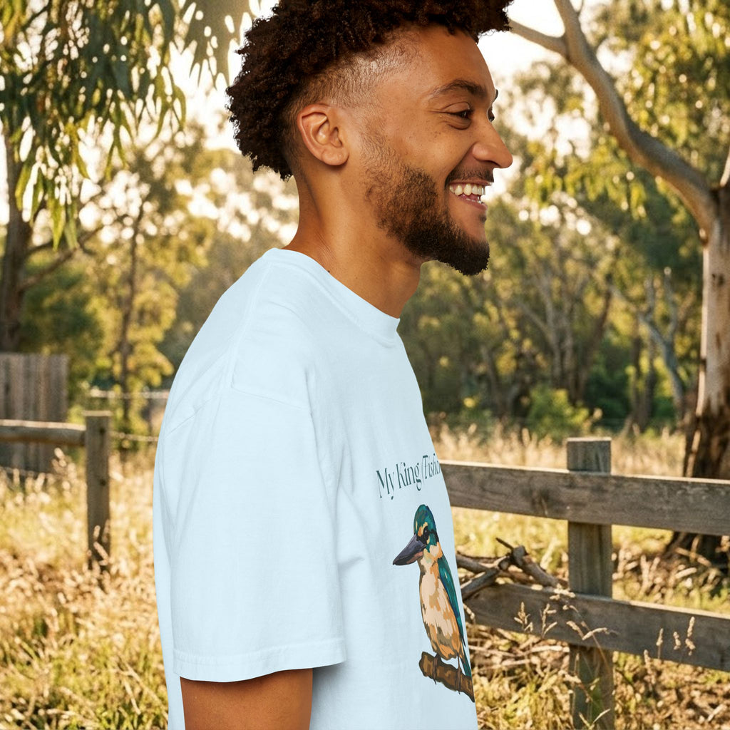 Light blue crewneck t-shirt with kingfisher graphic on left chest