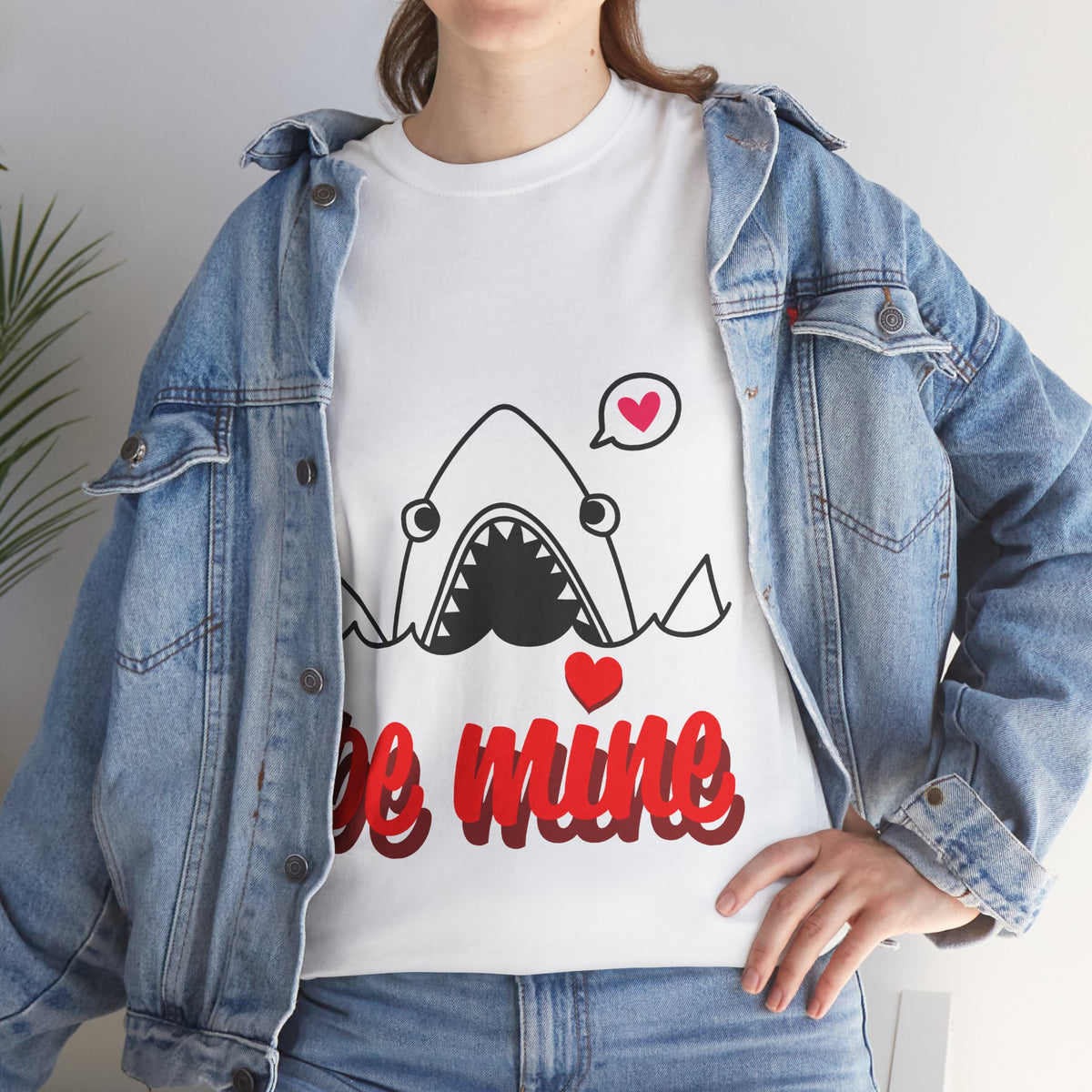 White crew-neck T-shirt with shark graphic and red "be mine" text (close-up)