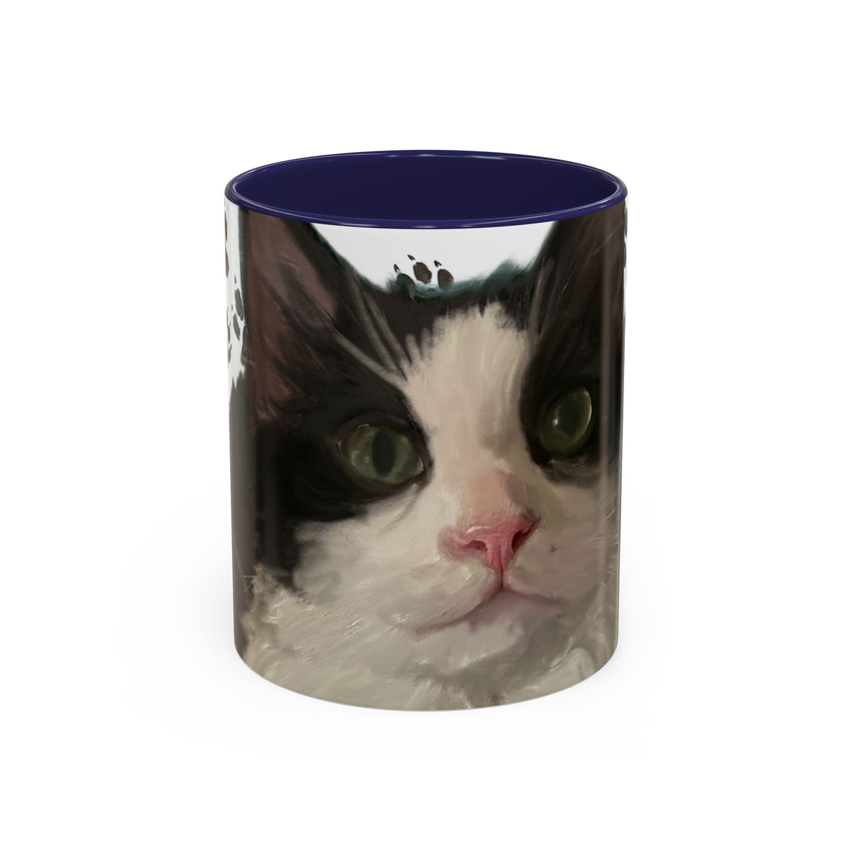 Cat face accent coffee mug with paw print pattern, white body, navy interior rim