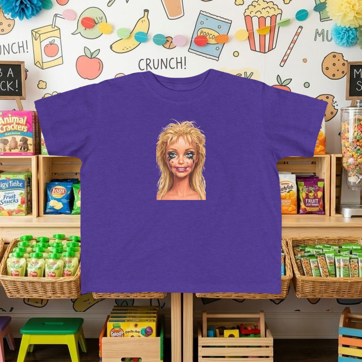Purple toddler tee with smudged doll face graphic print on front