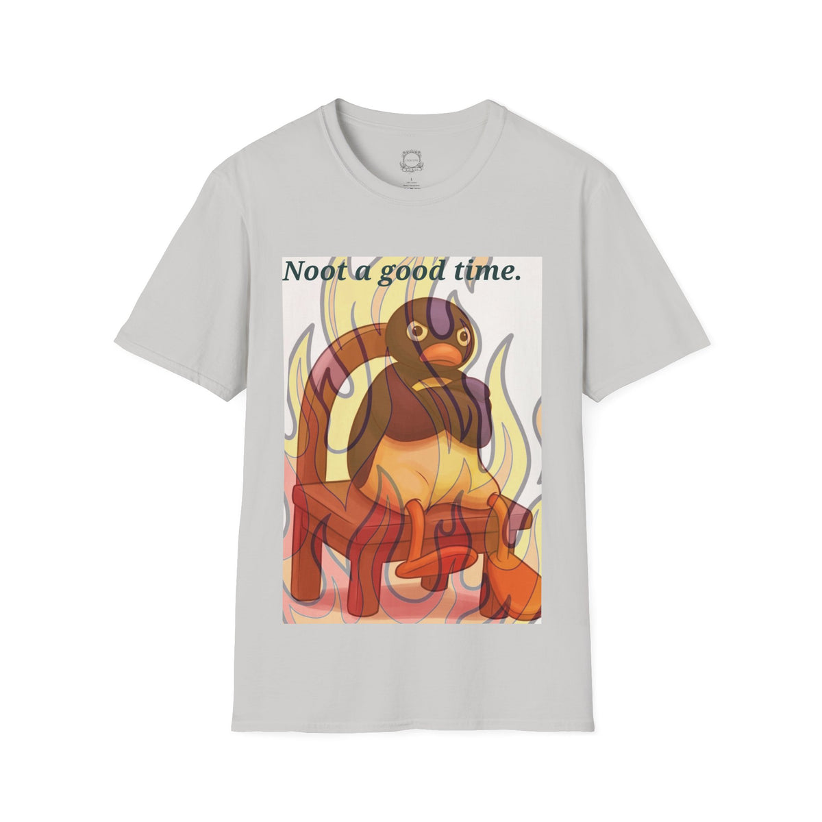 Light grey crew-neck T-shirt with cartoon cat and flames graphic on front