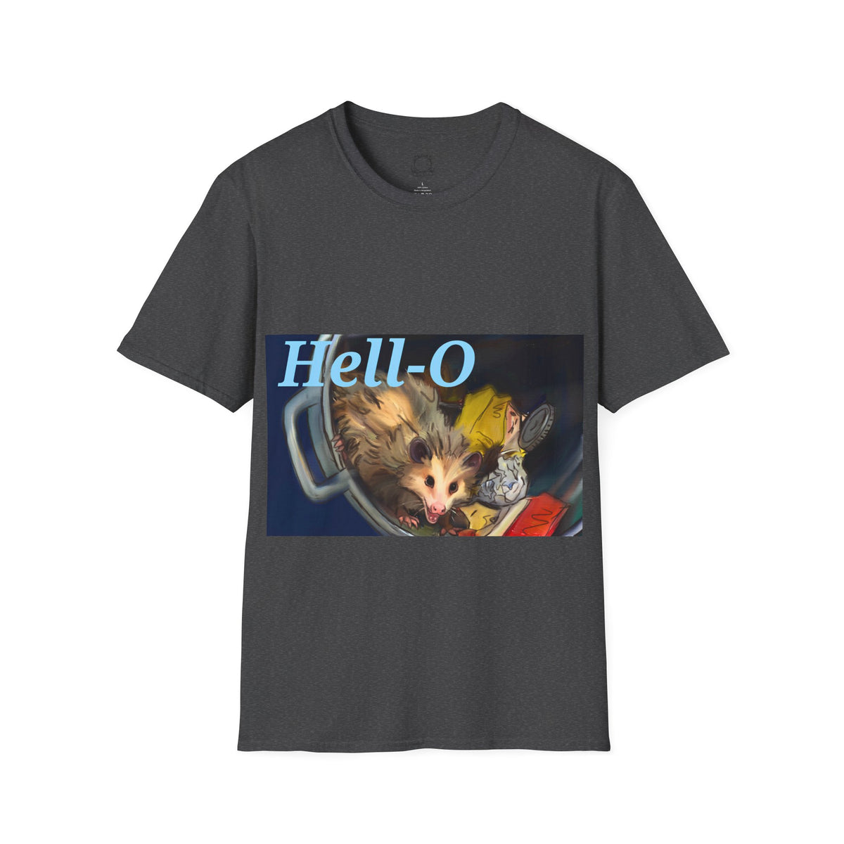 Charcoal T-shirt with 'Hell-O' possum graphic on front