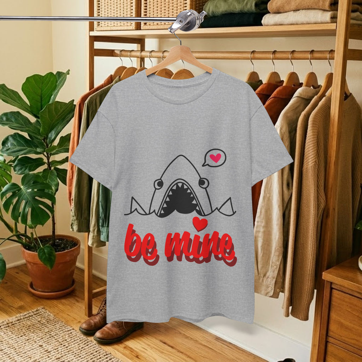 Heather gray t-shirt on display rack with shark graphic, red "be mine" text, hearts.