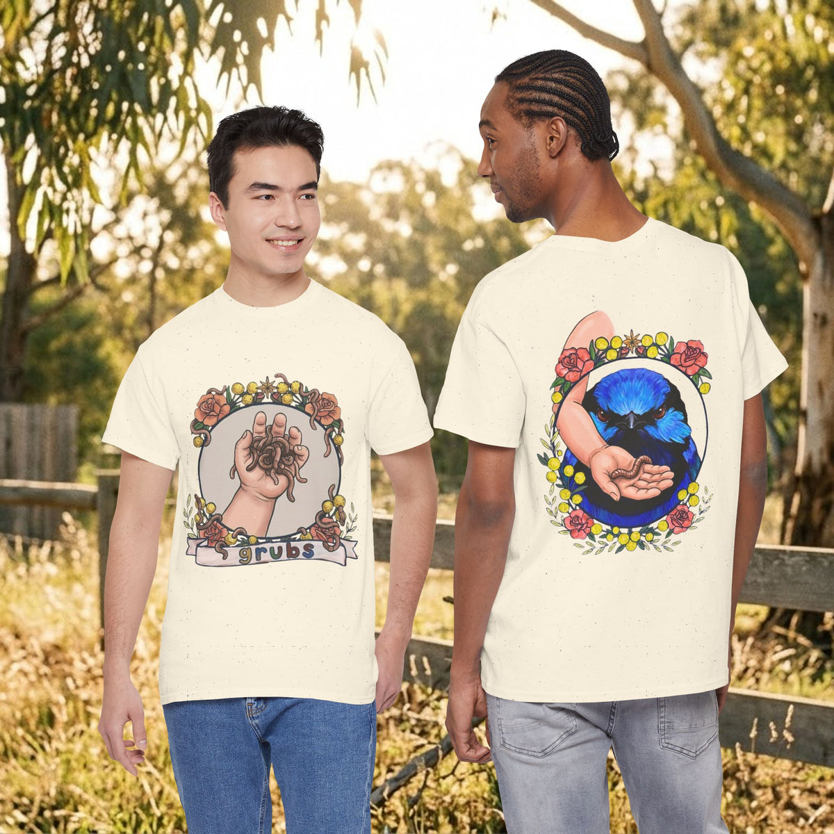 Natural off-white short-sleeve t-shirt with moon cat tarot hands graphic on front and back
