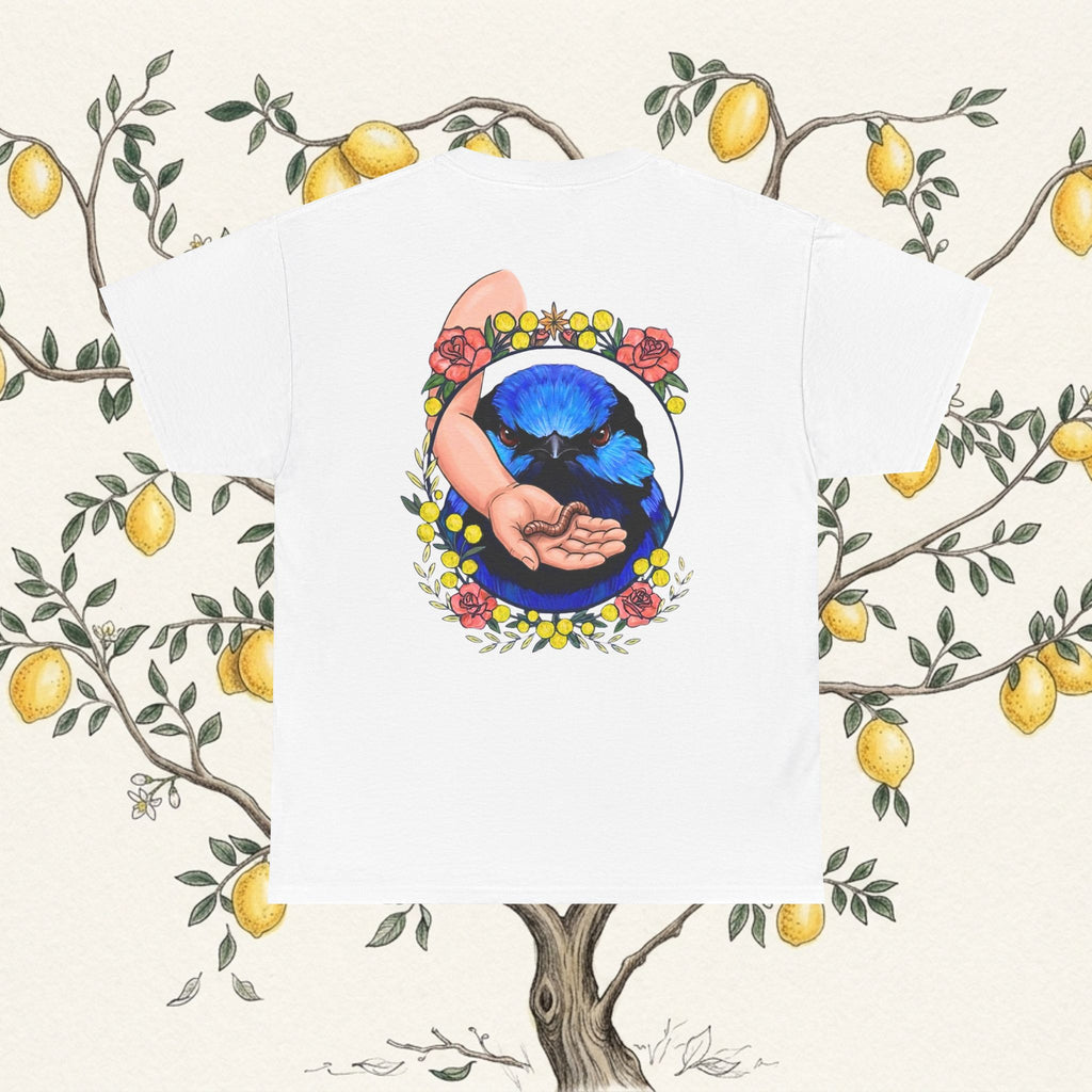 White T-shirt with centered circular moon cat illustration in floral wreath
