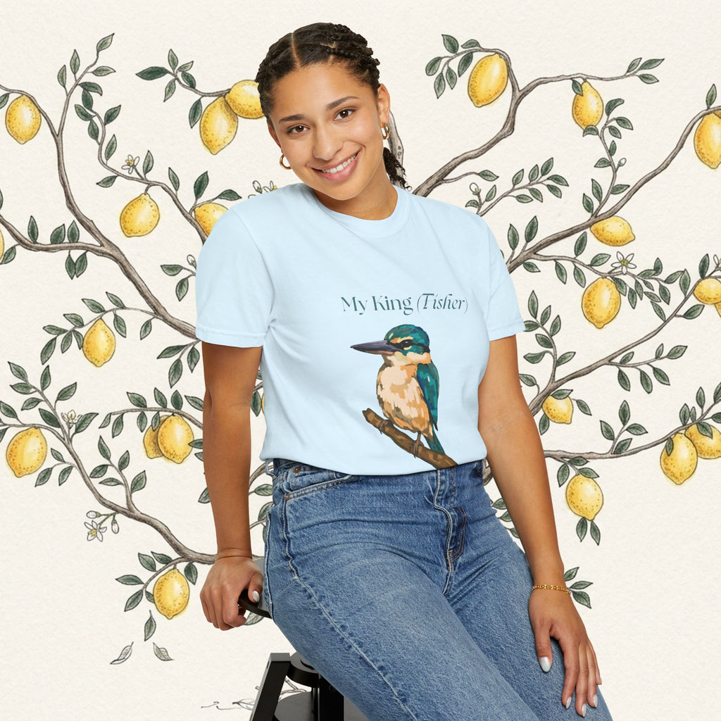 Light blue crewneck T-shirt with kingfisher bird front graphic and text