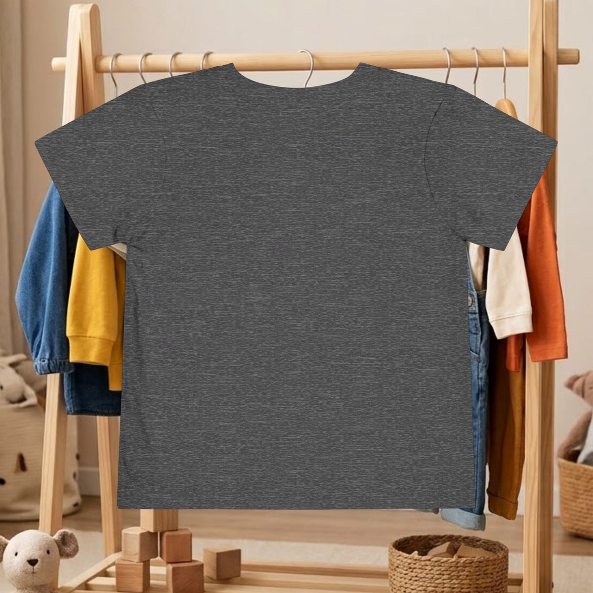 Toddler tee in dark heather grey, short-sleeve shirt on hanger, plain front