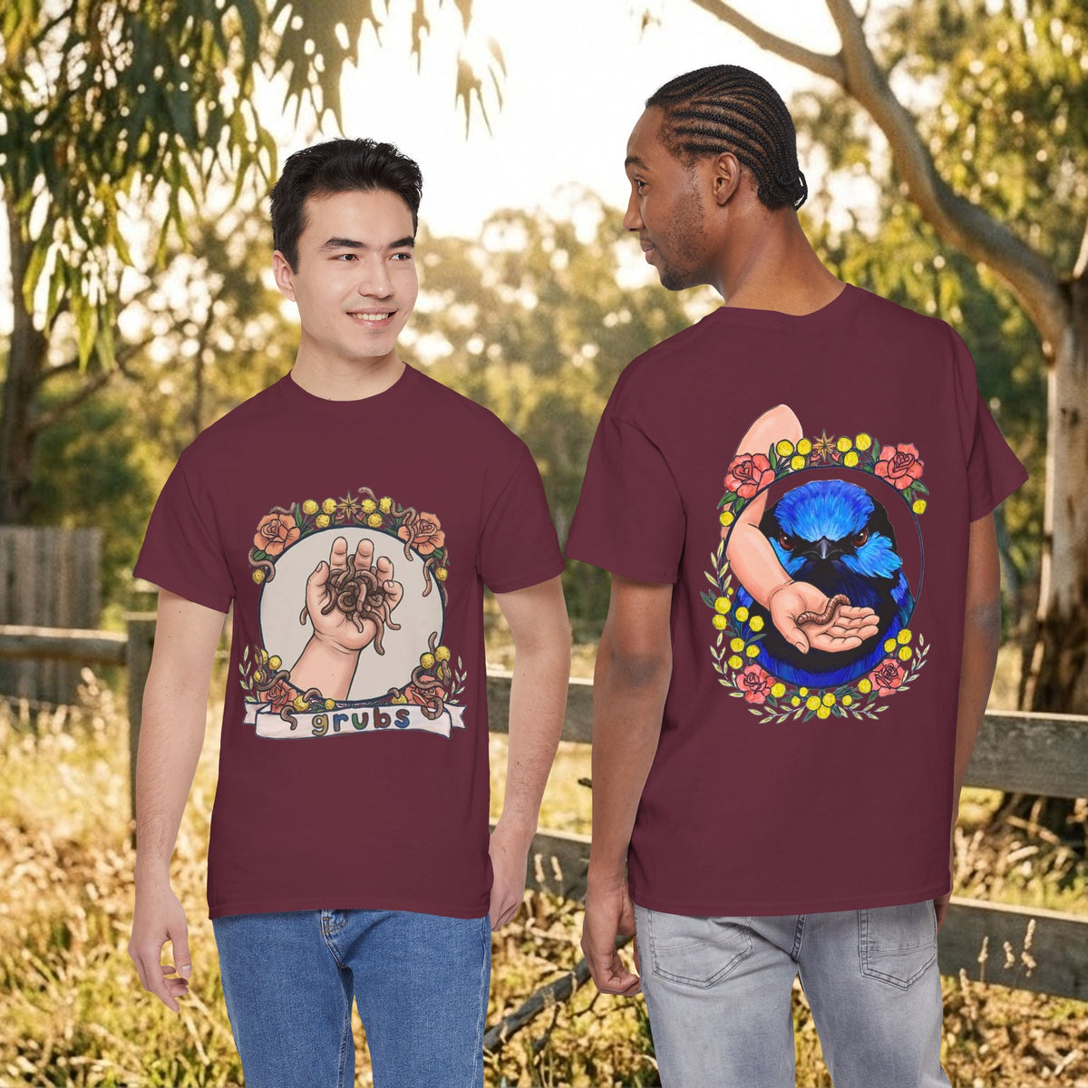 Maroon short-sleeve t-shirt with moon cat tarot hands graphic on front and back