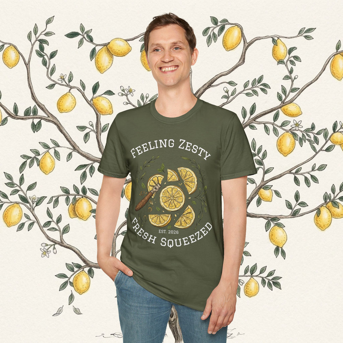 Olive green graphic t-shirt with “FEELING ZESTY” citrus slice and “FRESH SQUEEZED” text