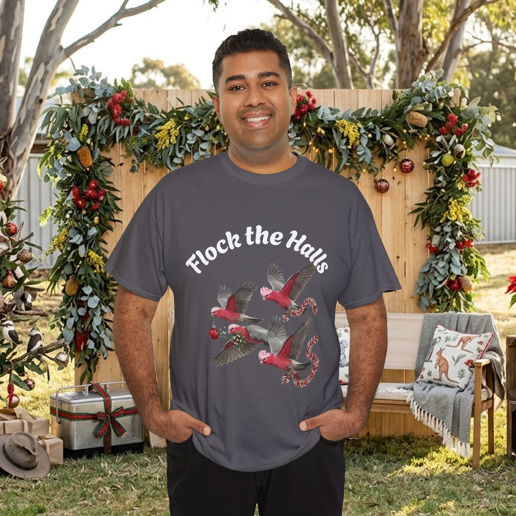 Charcoal gray crew-neck T-shirt with cardinal bird graphic and “Flock the Halls” text
