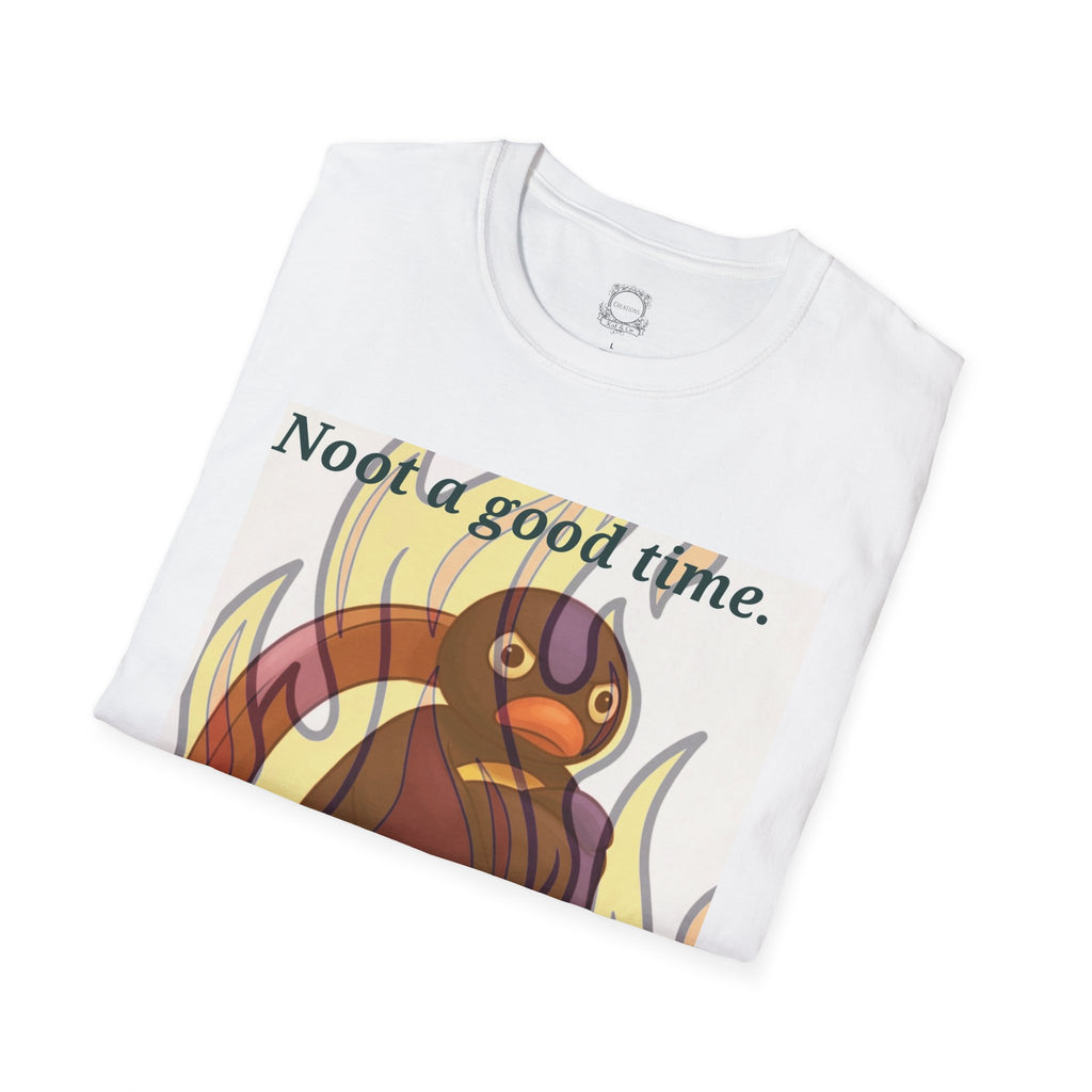 White crew-neck T-shirt with cartoon cat and flames graphic, close-up front