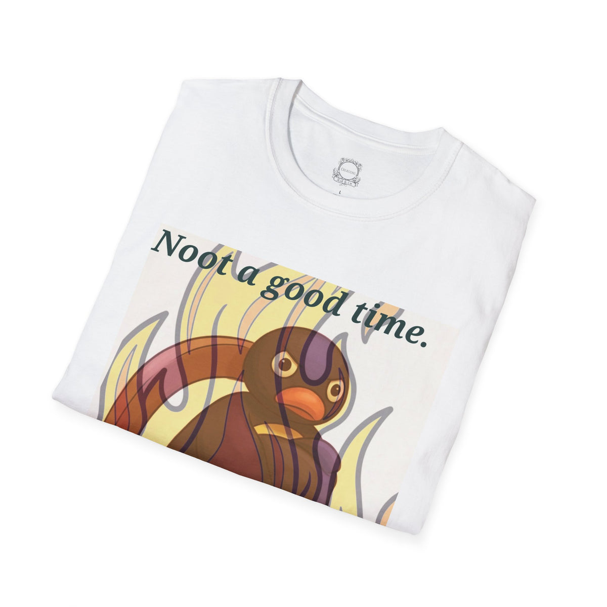 White crew-neck T-shirt with cartoon cat and flames graphic, close-up front