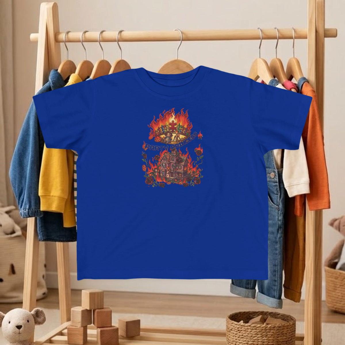 Toddler tee in royal blue with colorful fire graphic centered
