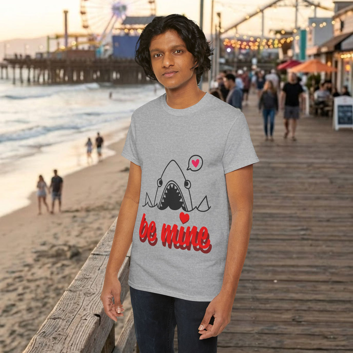 Heather gray graphic shark T-shirt with red "be mine" and heart detail at chest