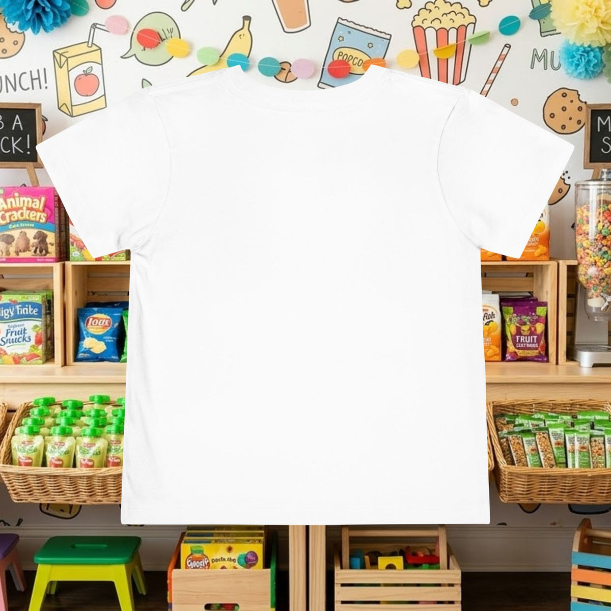 White toddler tee with no visible graphic on the front