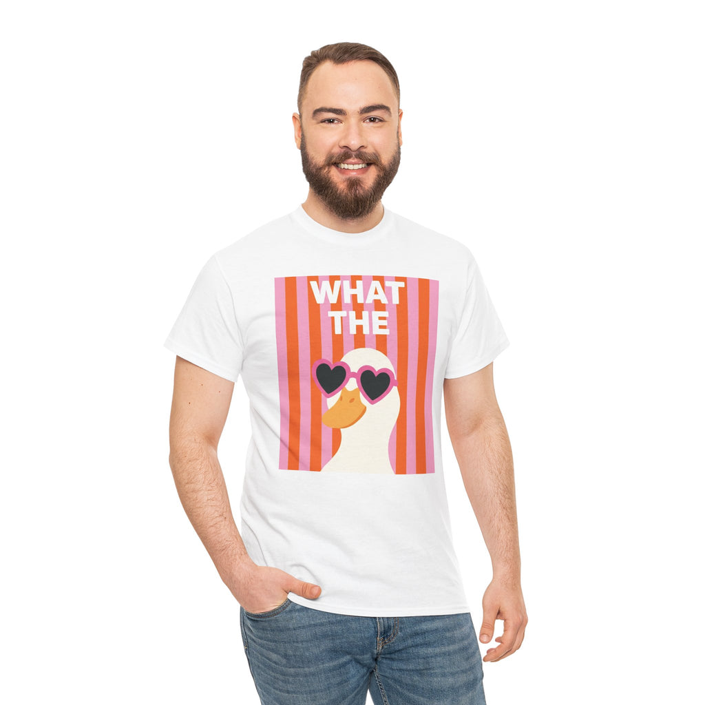 White crew-neck graphic T-shirt with retro heart sunglasses artwork on front, standing