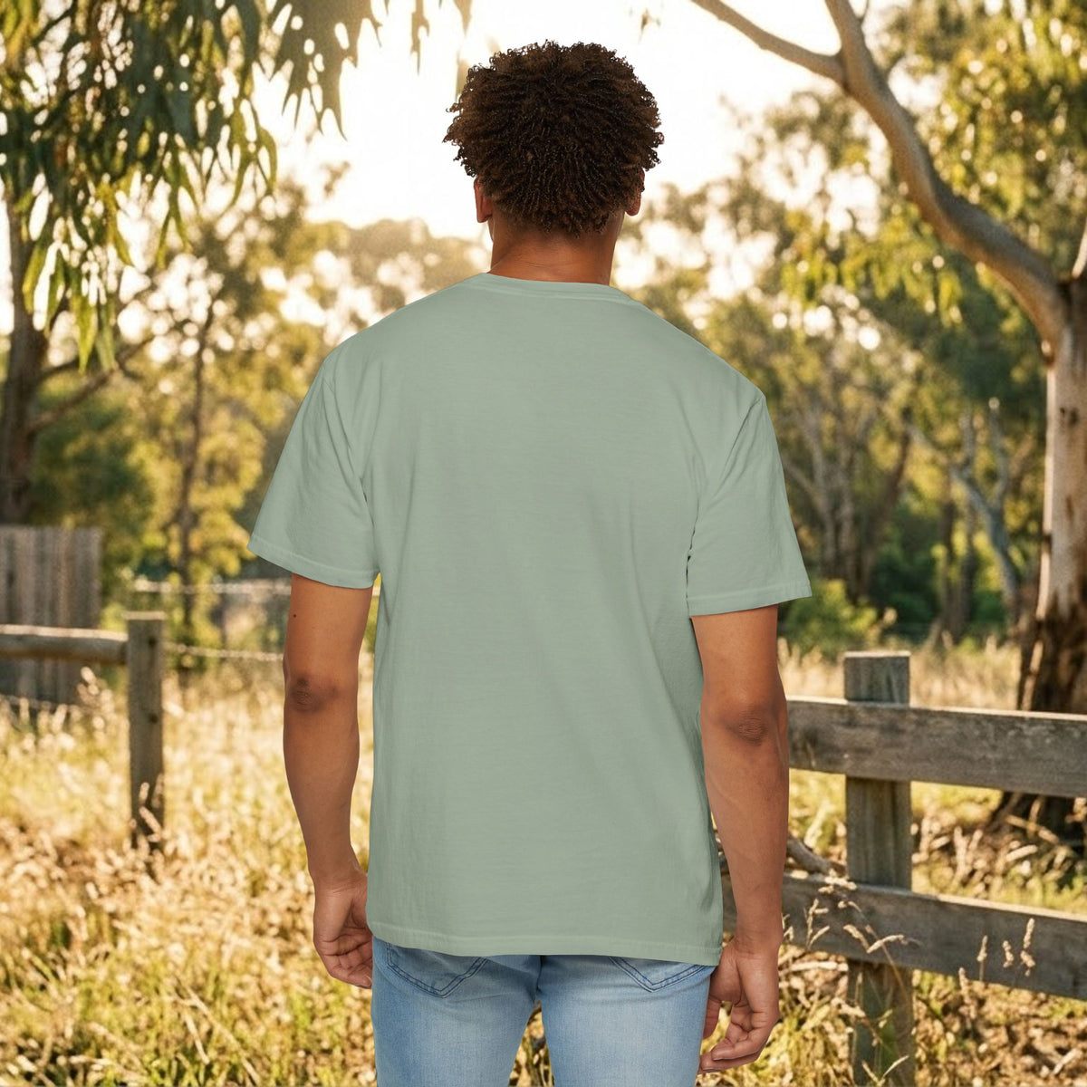 Seafoam green kingfisher graphic T-shirt back view, crew neck short sleeves