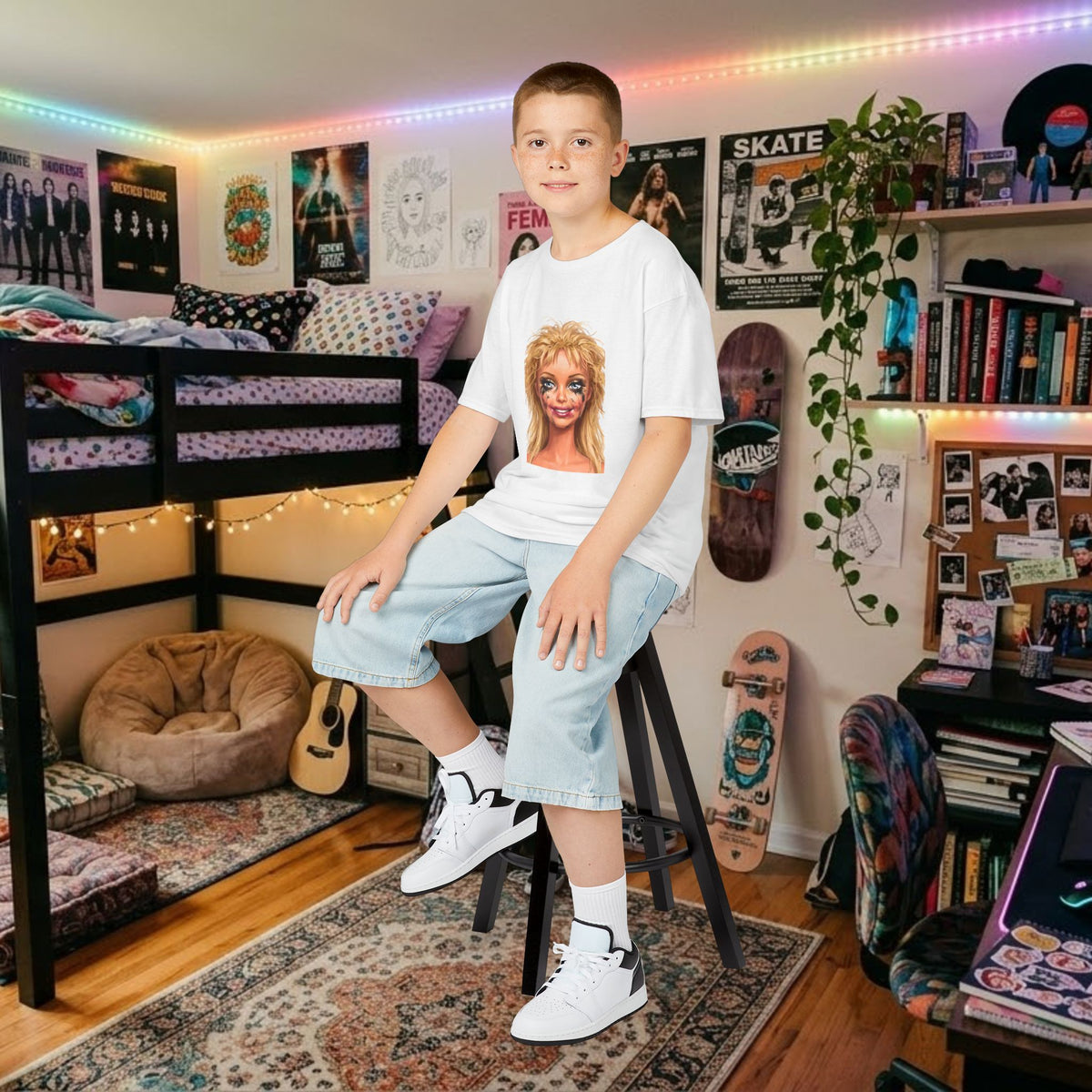 White kids T-shirt with blonde doll portrait print on front, boy wearing