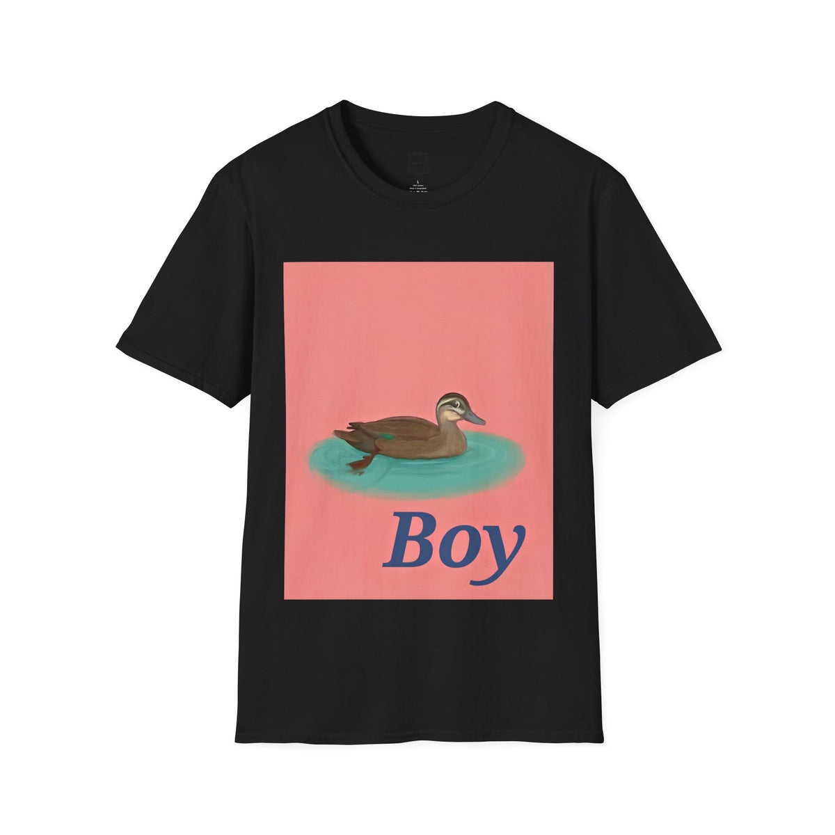Black graphic T-shirt with duck image and "Boy" text on front