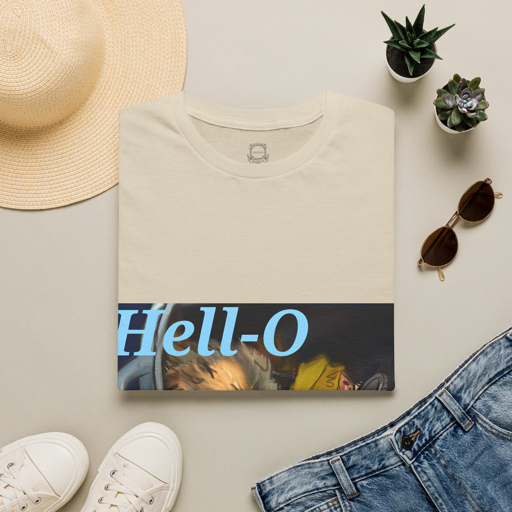 Cream T-shirt with “Hell-O” text and opossum illustration graphic on front