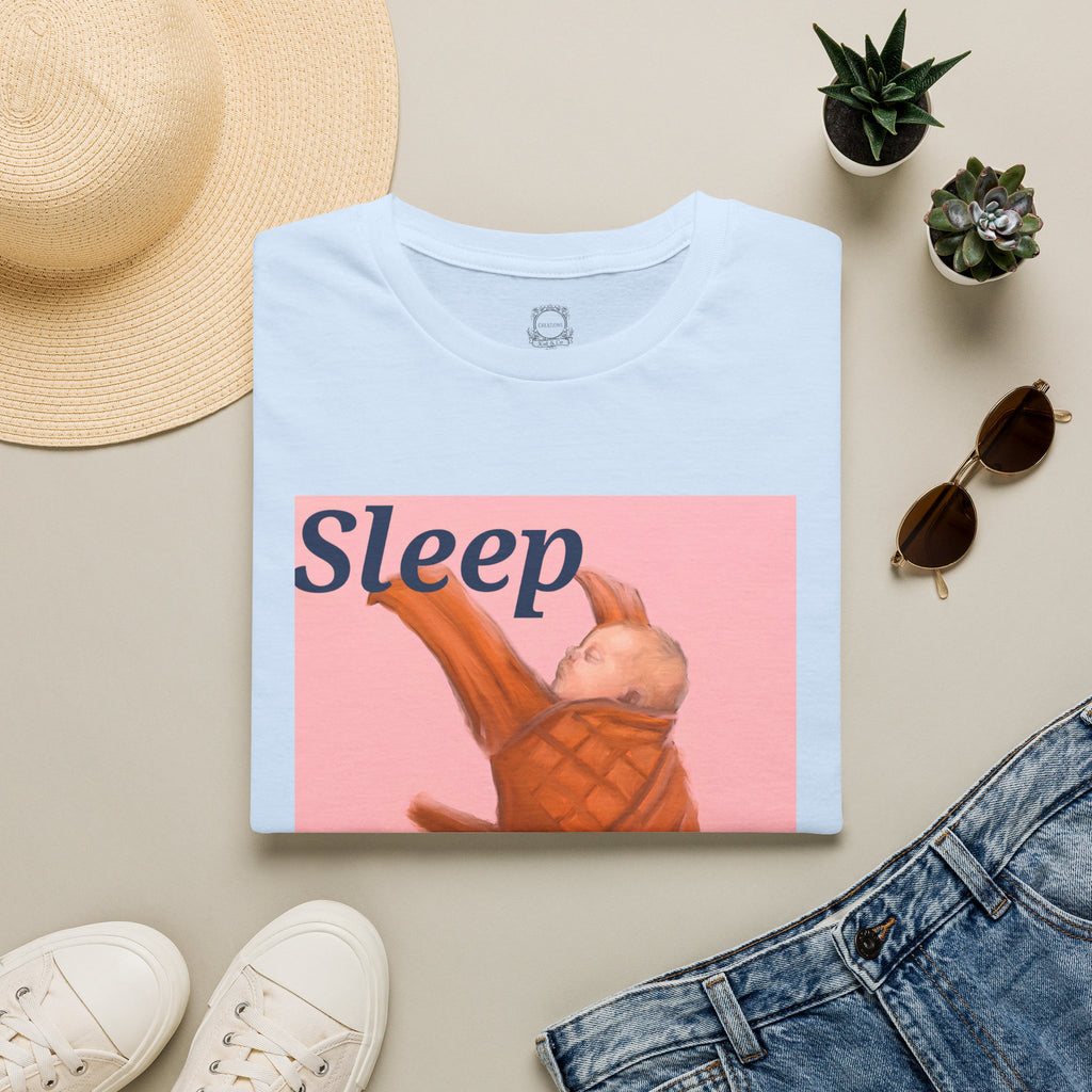 Light blue t-shirt with “Sleep” sleeping baby graphic
