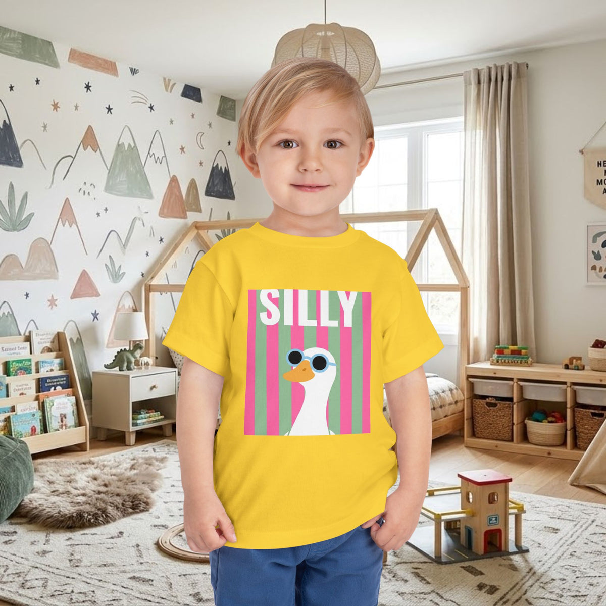 Toddler yellow graphic T-shirt with “SILLY” duck wearing sunglasses print