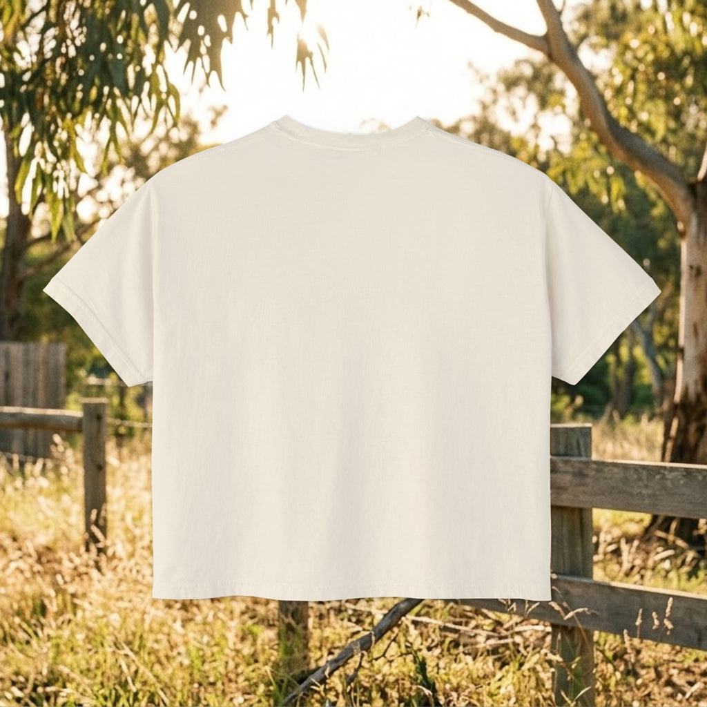 Cream boxy T-shirt back view, short sleeves and crew neckline, plain fabric.