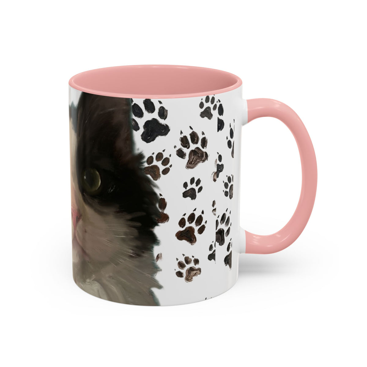 Cat face paw print accent coffee mug, white with black cat art, pink handle and rim