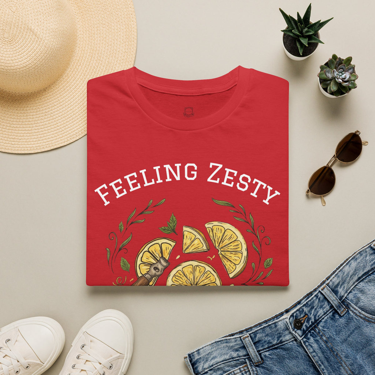Red short-sleeve graphic t-shirt folded with lemon artwork