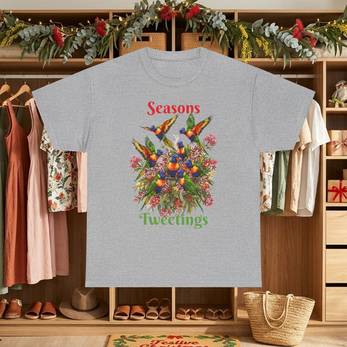 Charcoal gray T-shirt with colorful birds floral graphic and text "Seasons Tweettings"