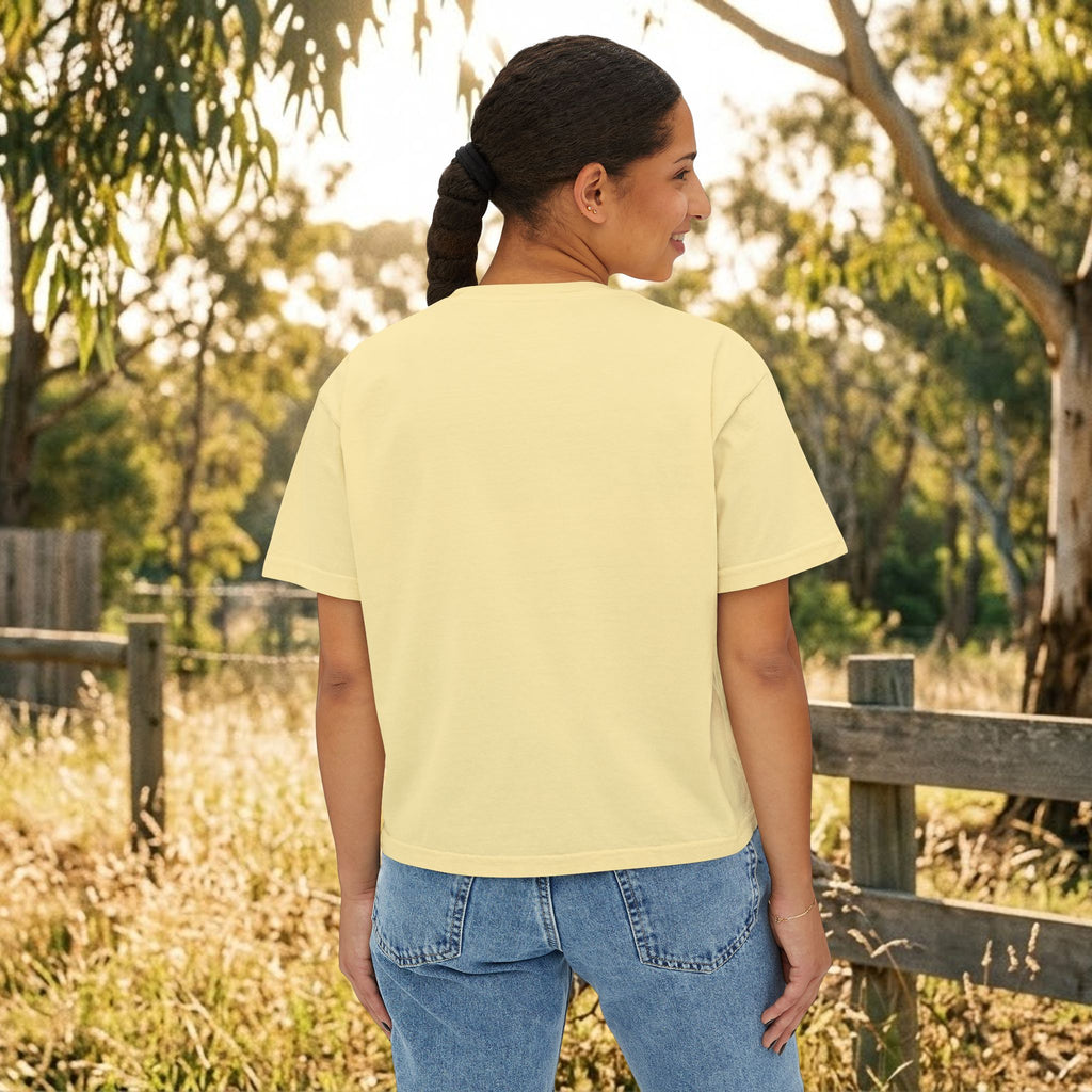 Women’s boxy tee in butter yellow, plain back with crew neck and short sleeves.