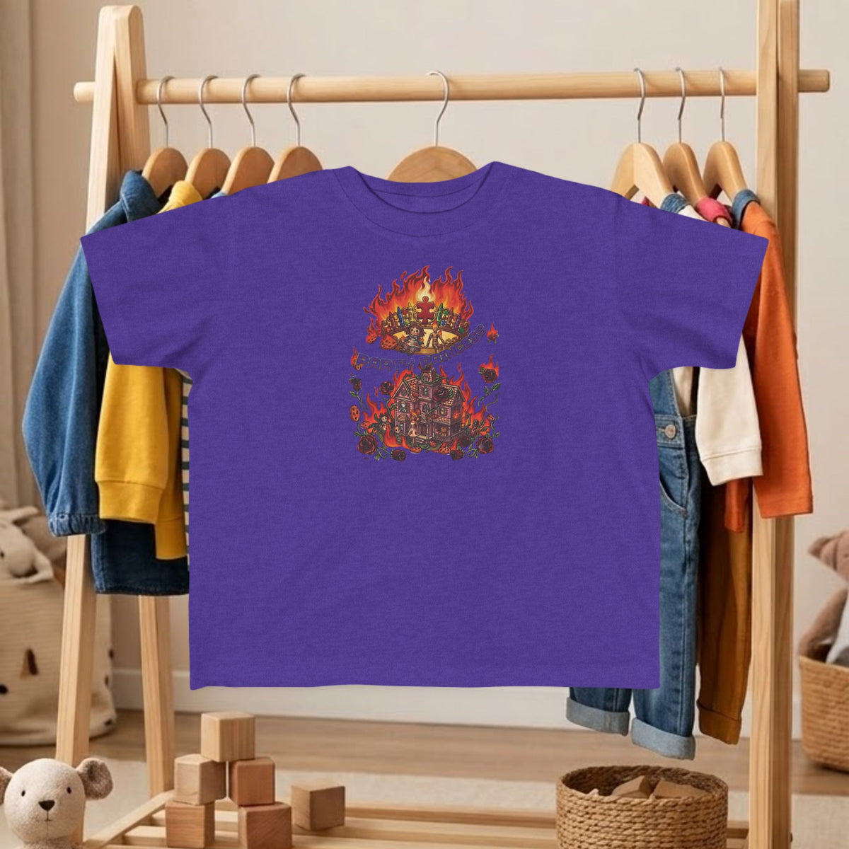 Toddler tee in purple with colorful fire graphic centered on the chest