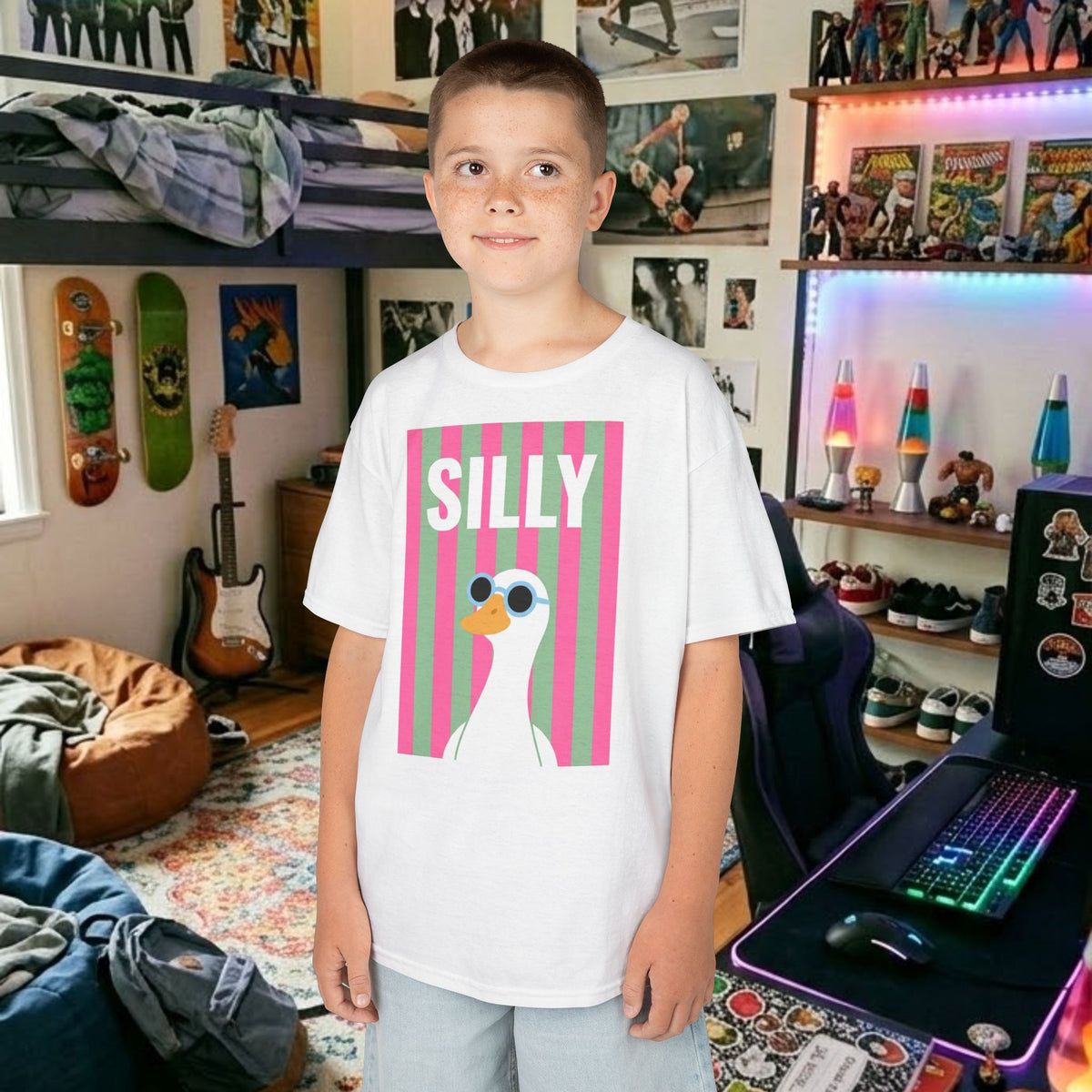 Kids white T-shirt with front “SILLY” duck graphic print, worn by a boy