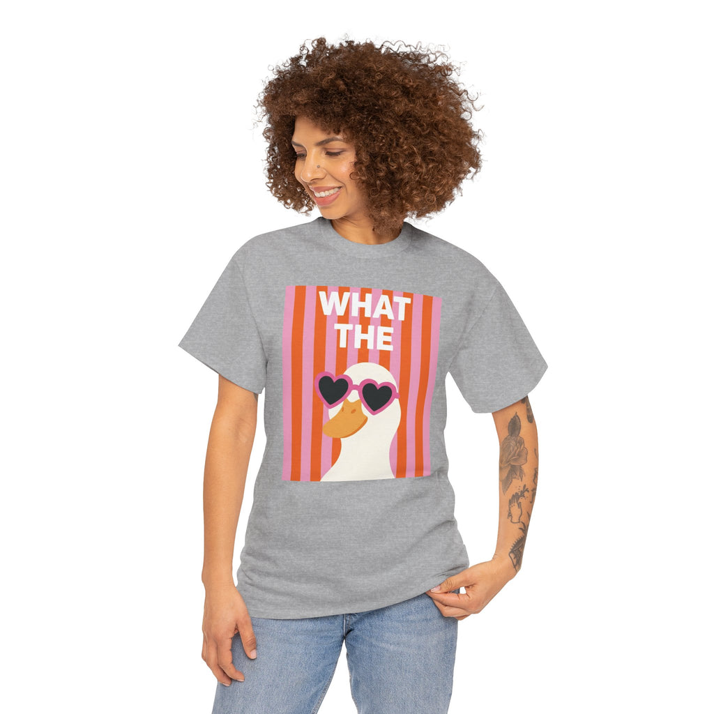 Heather gray unisex T-shirt with retro duck holding heart sunglasses graphic