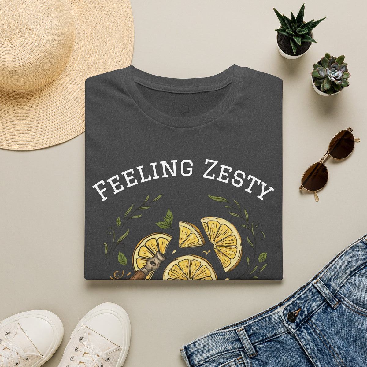 Heather grey graphic tee with lemon slice print and 'Feeling Zesty' lettering