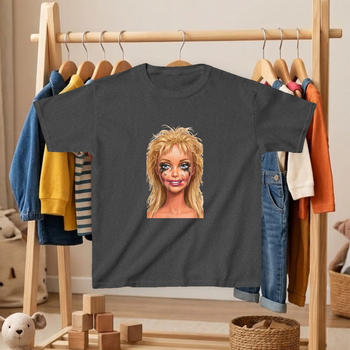 Kids' T-shirt in dark gray with blonde doll portrait graphic on front