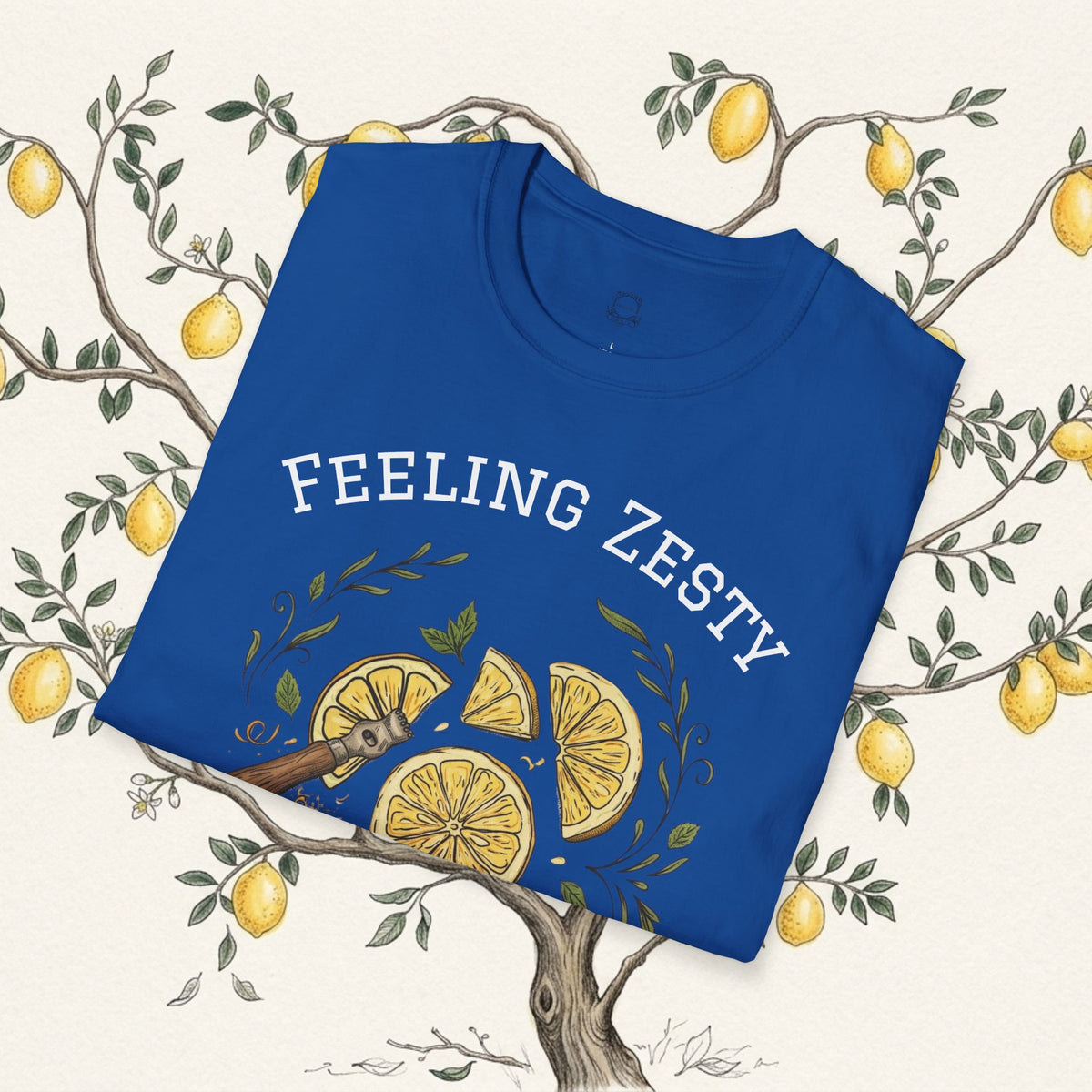 Blue crewneck graphic t-shirt with “FEELING ZESTY” lemon art