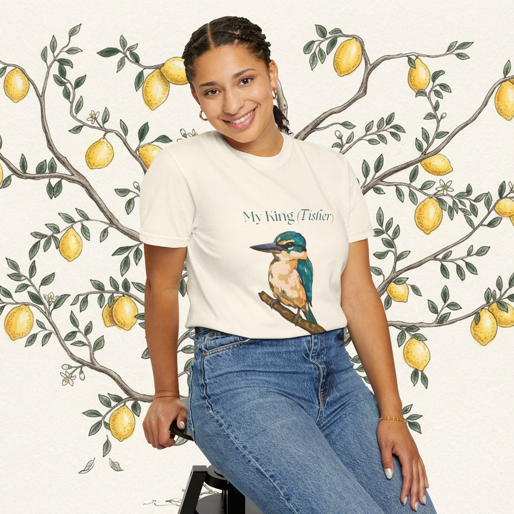 White kingfisher graphic T-shirt with bird on branch illustration and text