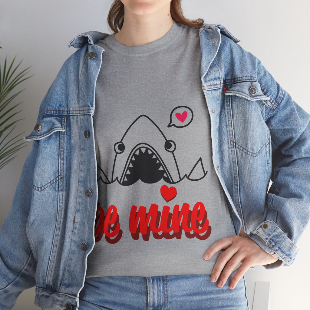 Close-up of heather gray shark T-shirt with red "be mine" lettering and heart