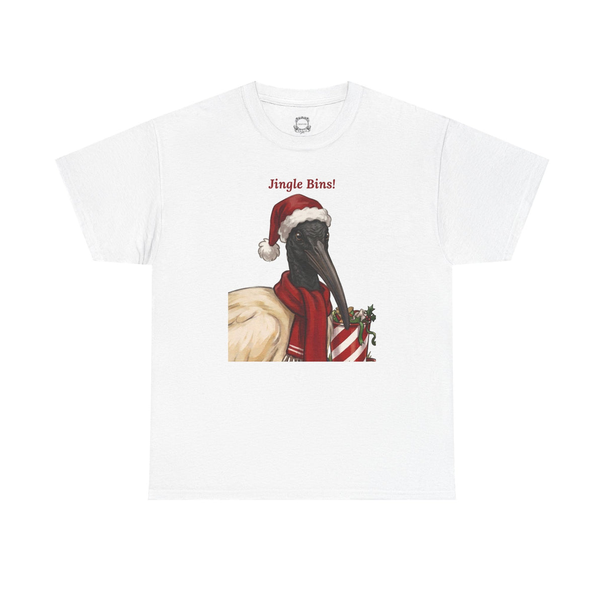 White graphic T-shirt with ibis wearing a Santa hat and “Jingle Bins!” front print.